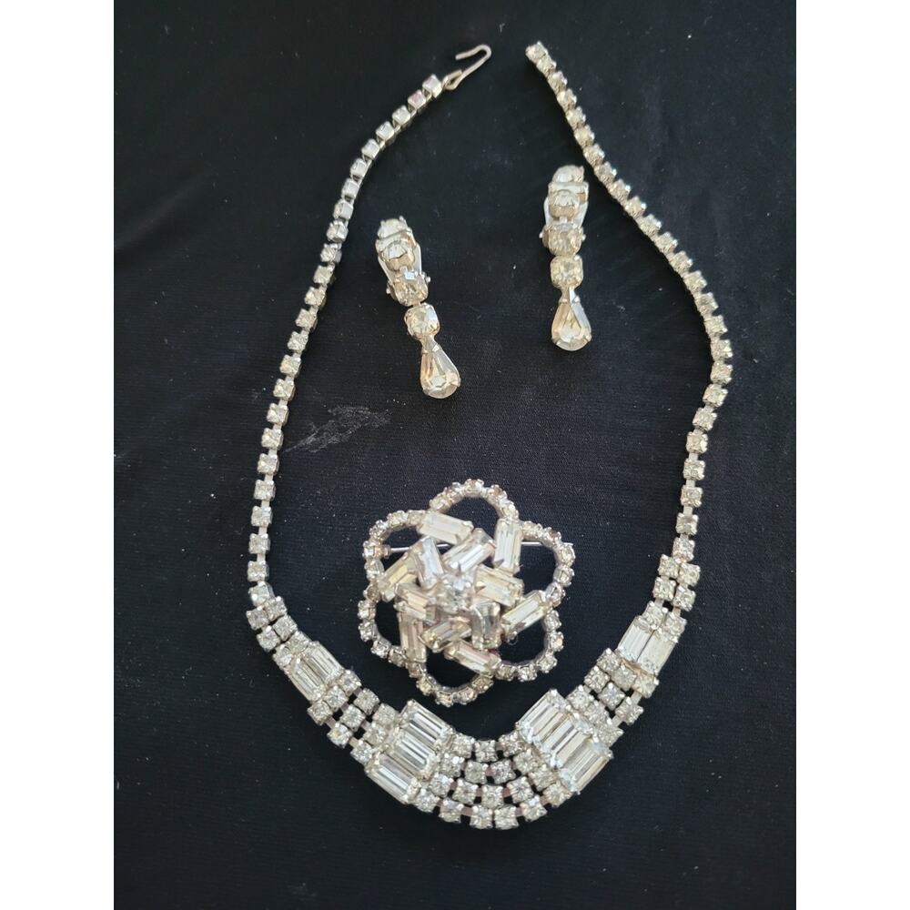 Vintage Silver Tone Rhinestone Baggette Necklace Brooch Earrings Set REPAIR